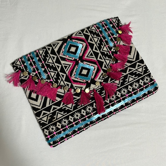 Aztec Boho Embellished Beaded Sequin Tassel Cotton Envelope Clutch Purse Bag - Picture 2 of 11